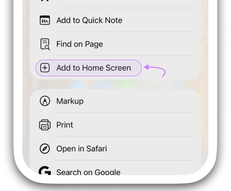 Add to Home Screen option in the iOS Share sheet